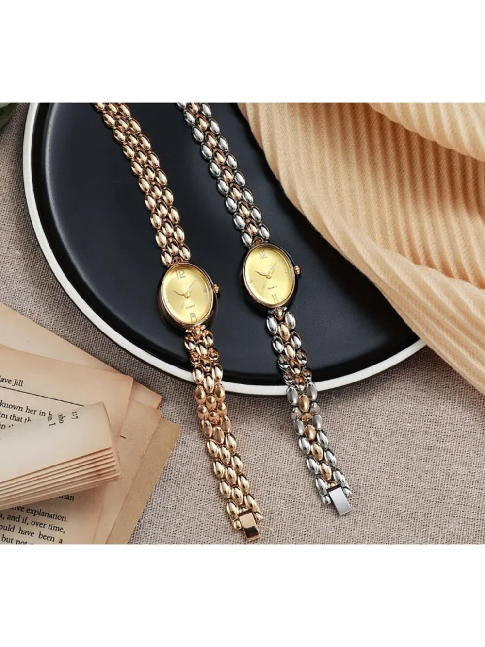 Women’s Gold Lightweight Oval Dial Quartz Analog Elegant Beaded Band Wrist Watch